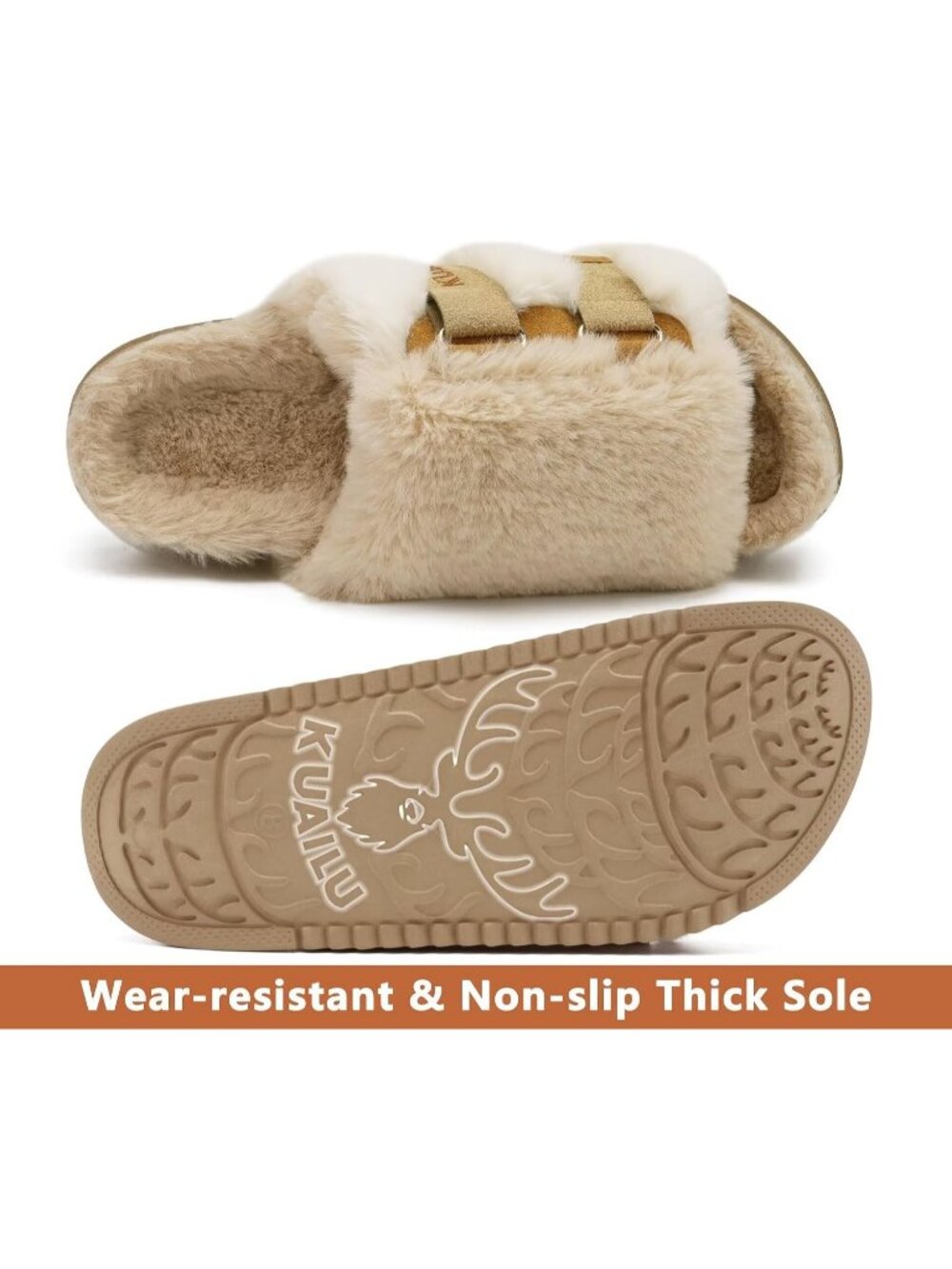 Women's Plush Beige Soft Cushioned & Adjustable Fuzzy Faux Fur Slippers Slides - Picture 6 of 6